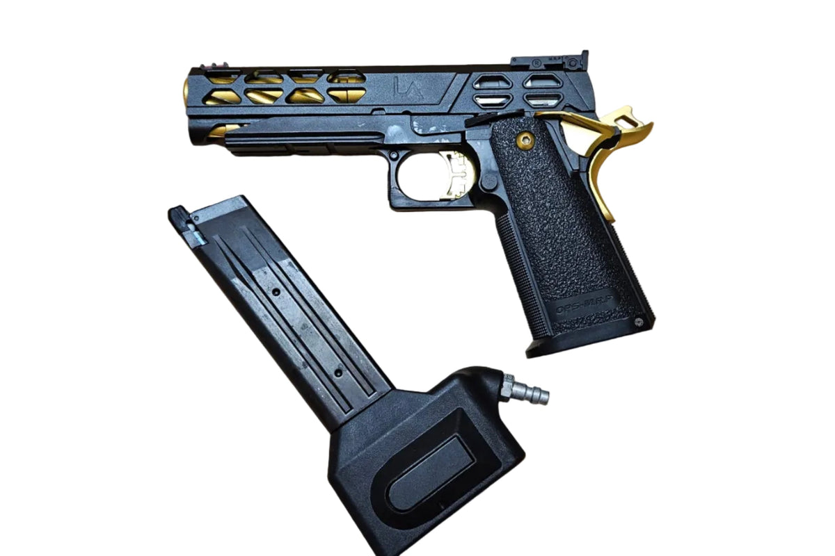 pre owned Custom Tokyo Marui Hi-Capa 5.1 Gold Match Gas Blowback Airsoft Pistol With pre owned Hi-Capa HPA/M4 adapter
