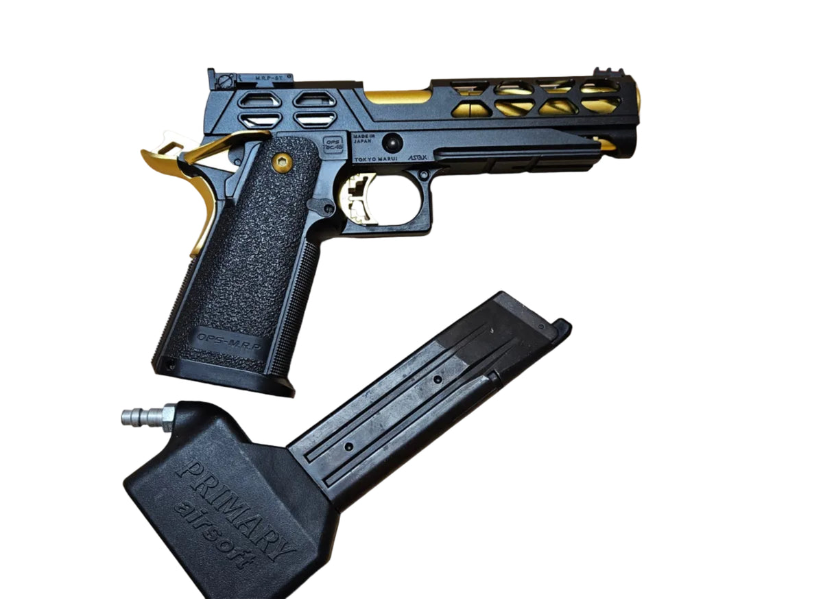 pre owned Custom Tokyo Marui Hi-Capa 5.1 Gold Match Gas Blowback Airsoft Pistol With pre owned Hi-Capa HPA/M4 adapter