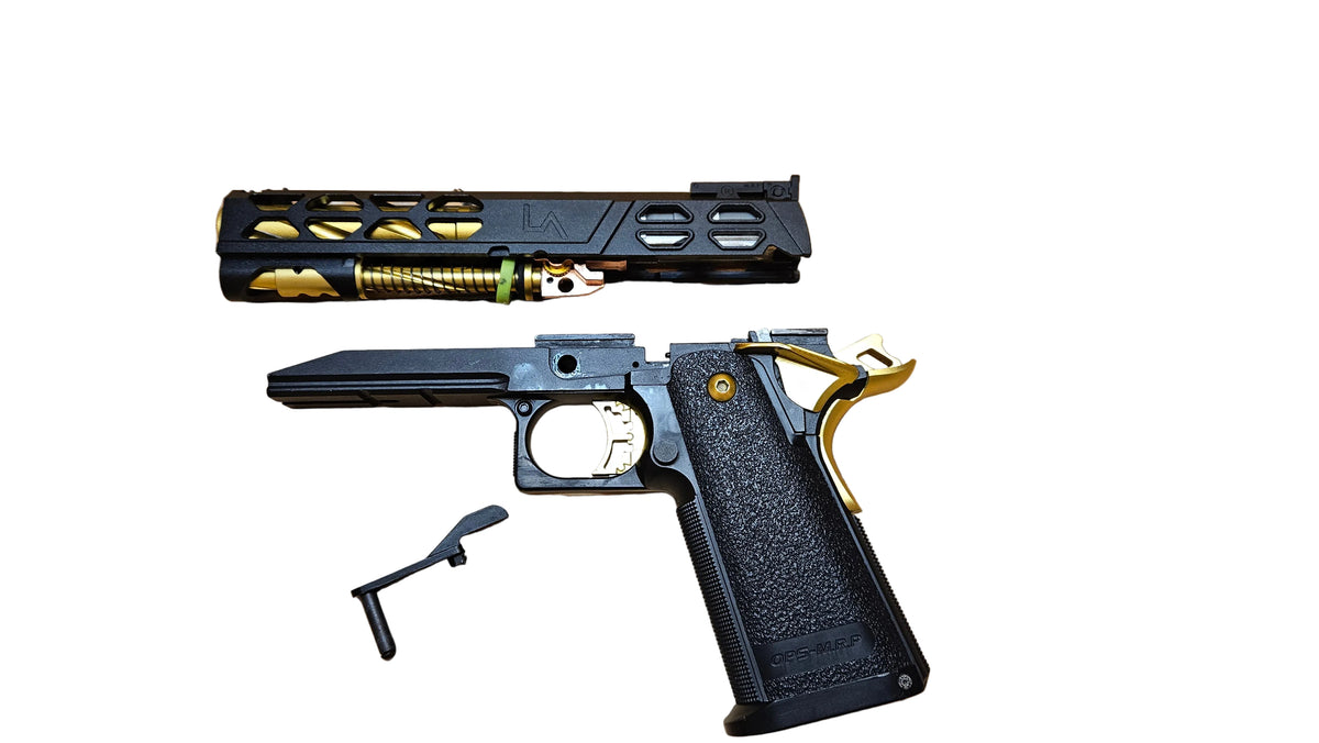 pre owned Custom Tokyo Marui Hi-Capa 5.1 Gold Match Gas Blowback Airsoft Pistol With pre owned Hi-Capa HPA/M4 adapter