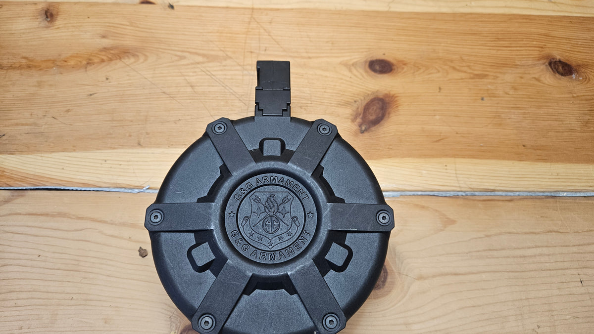 pre- owned G&G Polymer 1500 Round Drum Magazine for MP5 Series Airsoft Electric Rifles